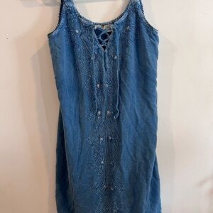 raya sun Blue Embroidered Lace-Up Midi Dress